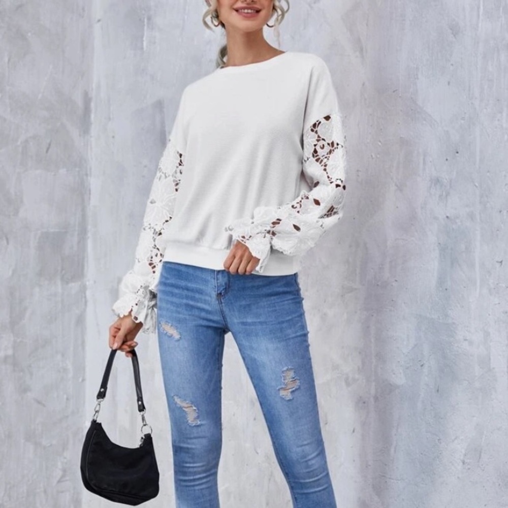 Drop shoulder lace sleeve pullover